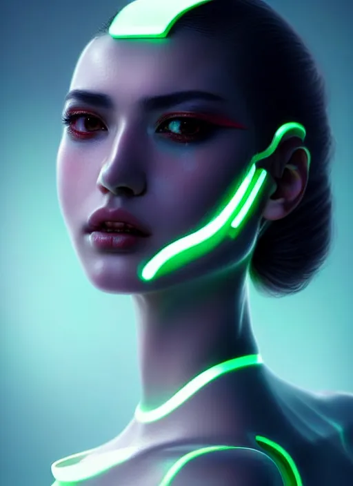 Image similar to photorealistic an oriental female humanoid with freckle cheeks, cyber neon lightings, futurism, cyberpunk high fashion, elegant profile pose, intricate details, crispy quality, digital photography, trending in artstation, trending in pinterest, no watermark signature, cinematic, 4 k ultra hd, art by artgerm, art by greg rutkowski, art by pascal blanche