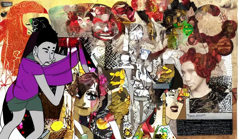 Prompt: naraka, collage, mixed media, newgrounds, flash animation, crude