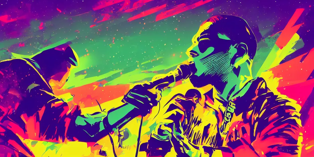 Image similar to rapping into microphone, silhouette, huge crowd, outrun, hip hop, digital art, Aurora borealis, trending on Artstation, professional artist, detailed, 4k