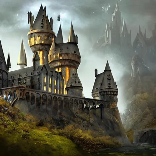 Prompt: Abandoned Hogwarts Castle, environment concept, highly detailed