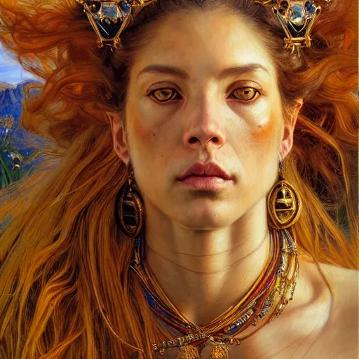 Prompt: highly detailed portrait of a majestic lioness queen in the form of a beautiful woman. d & d. art by donato giancola, eugene delacroix, ruan jia, carl larsson, geof darrow. trending on artstation, intricate details, energetic composition, golden ratio, concept art, illustration, elegant art, global illuminaition