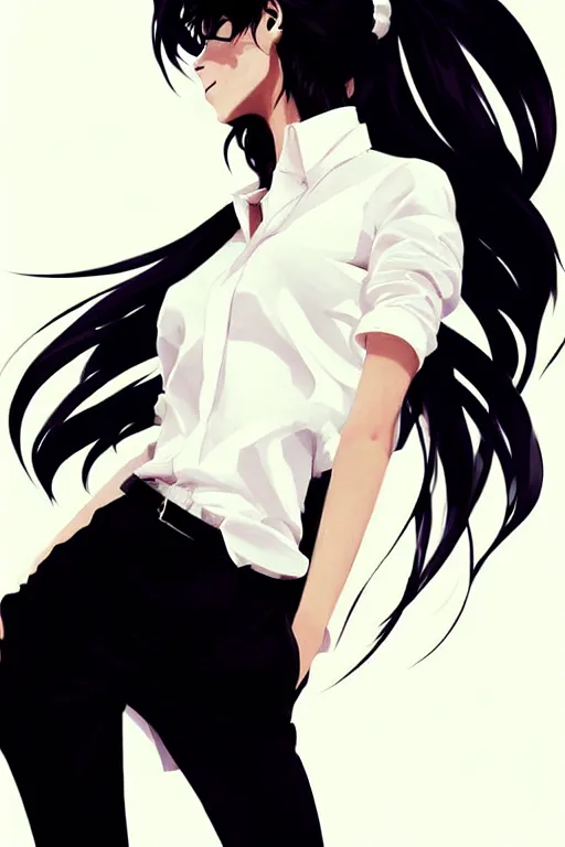 Image similar to a ultradetailed beautiful panting of a stylish woman, she is wearing a white shirt with a tie and black pants, by conrad roset, greg rutkowski and makoto shinkai trending on artstation