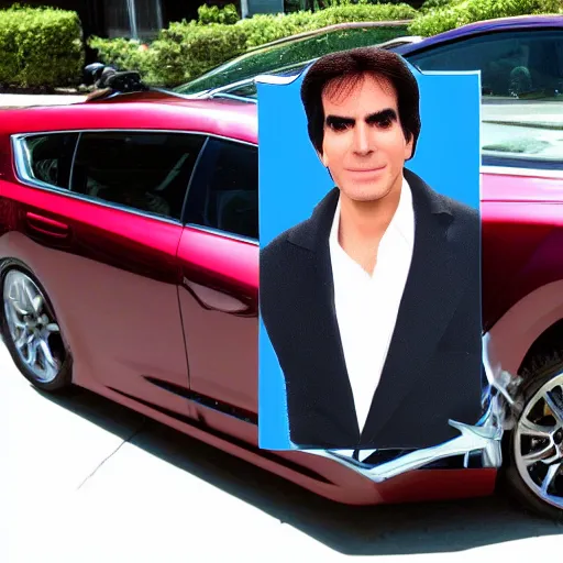 Prompt: david copperfield's face merged on a car body