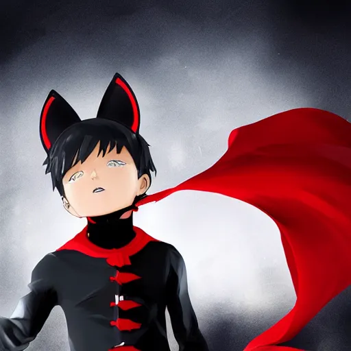 Image similar to little boy with cat ears in an black latex suit with red cape. digital artwork made by kohei horikoshi, inspired by western comic