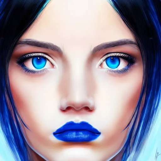 Prompt: photorealistic portrait of beautiful toxic girl, black hair, blue eyes, smooth face, perfect eyes, half body shot, elegant, realistic, glowing skin, detailed, symmetric, faceangelic beauty, sharp focus