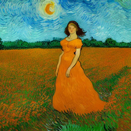 Image similar to Fair skinned young woman, large field, flowers, beautiful, art, 8k, sunset, skyline, young woman in a dress, wind, trees in background, picking flowers, summer night, dynamic lighting, Vincent van Gogh oil painting, off center, large brush strokes, post impressionism, orange, yellow, red, blues, fine art