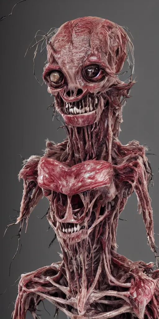 Image similar to smiling photorealistic ultra detailed humanoid creature made of decomposed bloody flesh and bones and fur, extremly detailed, 8 k, realistic, sharp focus, cosmic horror creature, cosmic horror, from the movie the thing, mysterious creature, bloody eyes, big eyes