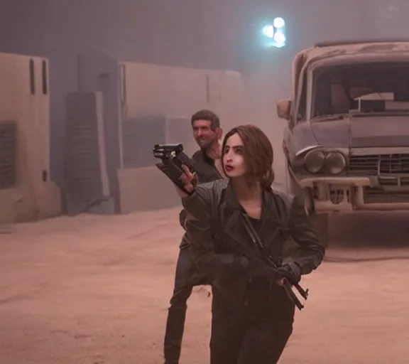 Image similar to a movie still of ana de armas aiming a gun with ryan gosling in the movie blade runner 2 0 4 9