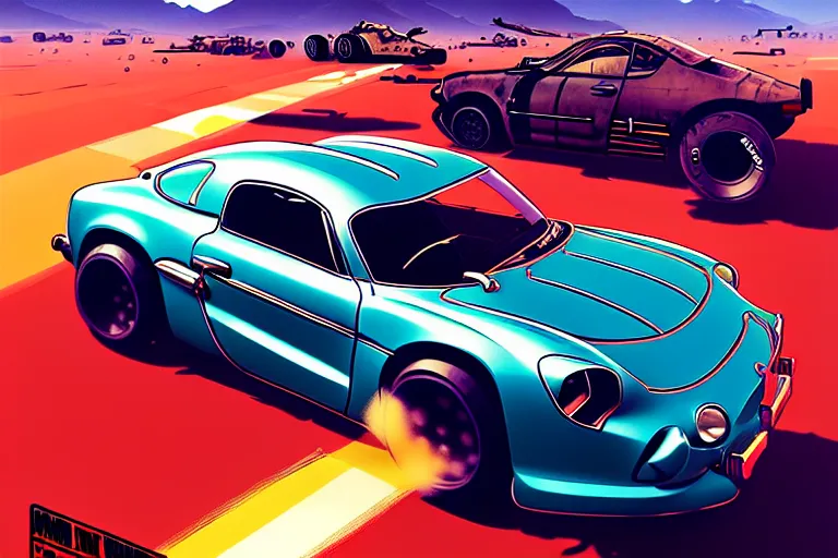 Image similar to mad max's alpine a 1 1 0 : : speeding, firing guns, lights on : : by ilya kuvshinov, rossdraws, artgerm, greg rutkowski makoto shinkai takashi takeuchi studio ghibli, akihiko yoshida : :