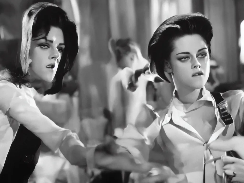 Prompt: kristen stewart as elvis presley, movie still from 1 9 6 5, lens distortion, cinematic widescreen, medium dof