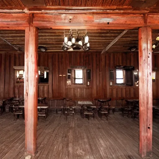 Prompt: Empty Old West Saloon at the break of day, Rococo style