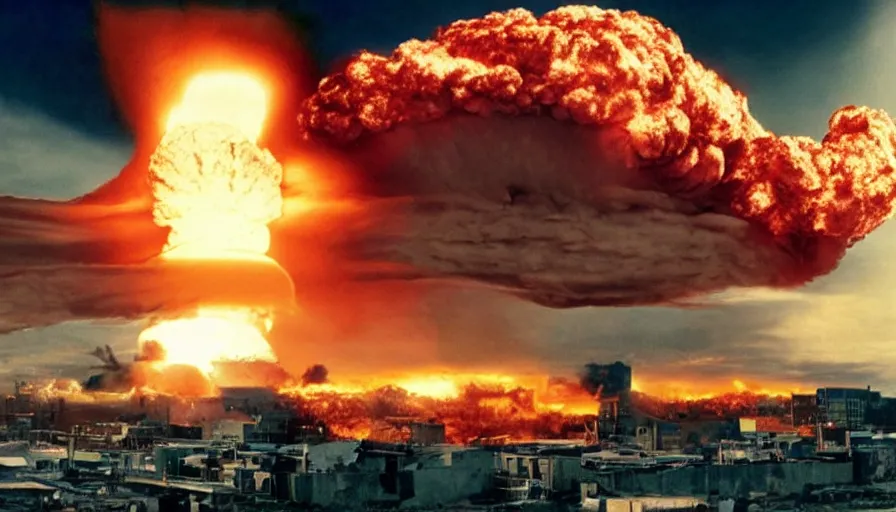 Image similar to big budget action movie about a nuclear explosion destroying a city