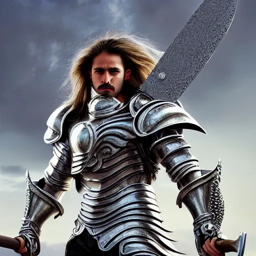 Image similar to a masterpiece ultrarealistic ultradetailed portrait of full silver armored magic knight strong mullet hispanic man with giant axe baroque renaissance. wide angle, intricate, elegant, by stanley artgerm lau, wlop, rossdraws, james jean, andrei riabovitchev, marc simonetti, background by james jean, light by julie bell, porcelain skin. global illumination. vfx