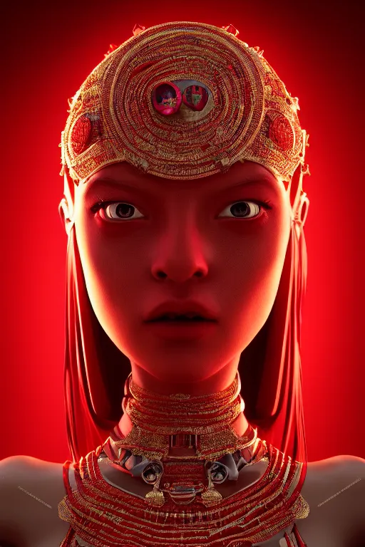 Image similar to beautiful fashion human looking alien in red saree,, in the style of artgerm, and wlop, chanel jewelry, cinematic lighting, hyperdetailed, 8 k realistic, symmetrical, global illumination, radiant light, love and mercy, frostbite 3 engine, cryengine, dof, trending on artstation, digital art, crepuscular ray