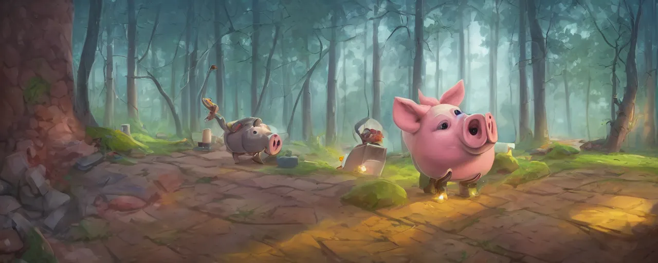 Prompt: a cartoonish cute anthropomorphic pig is mixing cement near a construction site of a brick house in a mystical forest full of wonders, pine trees, magical atmosphere, trending on artstation, 30mm, by Noah Bradley trending on ArtStation, deviantart, high detail, stylized portrait H 1280