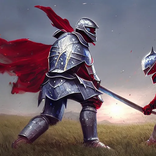 Prompt: 1 knight in blue armor fighting with a sword against 1 knight in red armor in the middle of a field, fantasy, medieval, highly detailed, artstation, painting by greg rutkowski