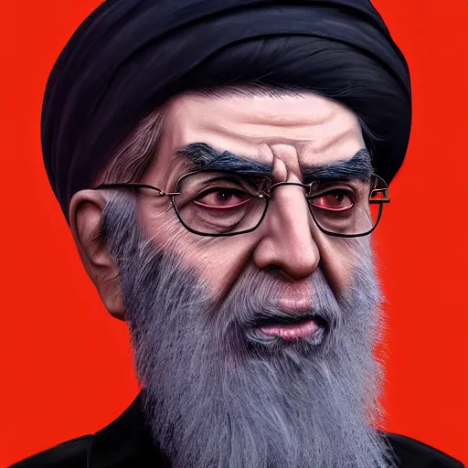 Image similar to potrait of khamenei looking like demon, miserable, horror, dark high detail, sharp high detail, artstation, felix englund, dark atmosphere, artstation