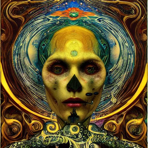 Prompt: Memento Mori by Karol Bak, Jean Deville, Gustav Klimt, and Vincent Van Gogh, beautiful visionary mystical portrait, calavera, otherworldly, fractal structures, ornate gilded medieval icon, third eye, spirals, calavera by Van Gogh