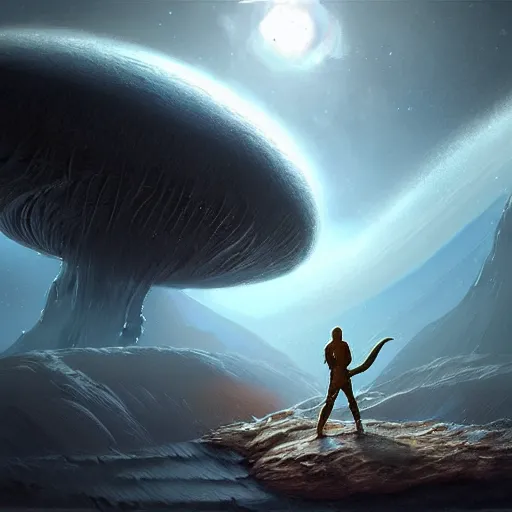 Prompt: an adventurer on an alien planet, artstation hall of fame gallery, editors choice, # 1 digital painting of all time, most beautiful image ever created, emotionally evocative, greatest art ever made, lifetime achievement magnum opus masterpiece, the most amazing breathtaking image with the deepest message ever painted, a thing of beauty beyond imagination or words