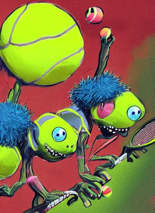 Image similar to tennis ball monsters playing tennis, a tennis ball monster ,tennis ball, funny, digital art, fantasy, magic, trending on artstation, ultra detailed, professional illustration,chalk, poster artwork by Basil Gogos , clean