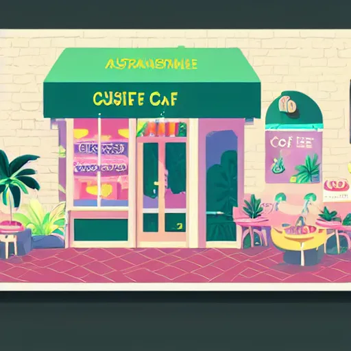 Image similar to isometric cute cartoon illustration style cafe australian, decorated with small pot plants 🪴 cannabis leaves, utopia frontage, pop art poster, beautiful colors pastel palette by will barnet pixar render