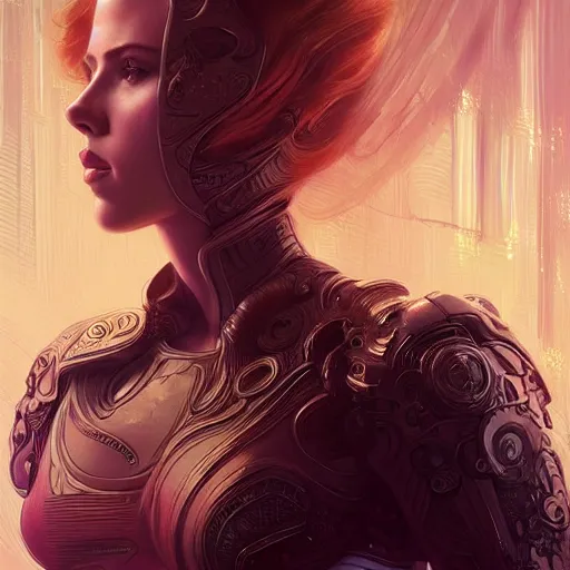 Image similar to scarlett johansson in ornate futuristic sci - fi armor, expressive pose, intricate, elegant, highly detailed, digital painting, artstation, concept art, smooth, sharp focus, illustration, art by artgerm and greg rutkowski and alphonse mucha