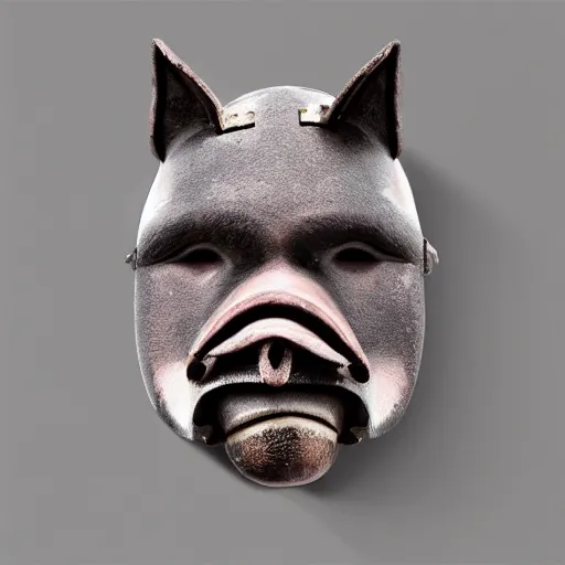 Image similar to samurai mask that looks like a pig wearing crown, winter, snow, depressed, dark