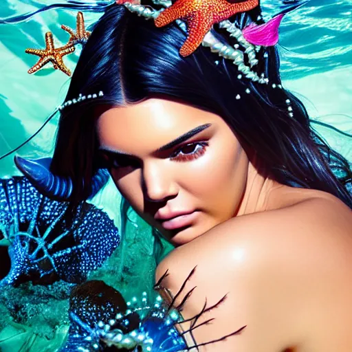 Image similar to kendall jenner portrait, fantasy, mermaid, hyperrealistic, game character, underwater, highly detailed, sharp focus, cinematic lighting, pearls, glowing hair, shells, gills, crown, water, highlights, starfish, jewelry, realistic, digital art, pastel, magic, fiction, ocean, king, colorful hair, sparkly eyes, fish, heroic, goddess, waves, bubbles, queen