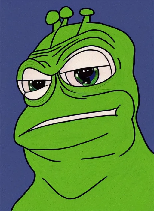 Image similar to depressed pepe the frog!!!, sad, portrait, intricat, highly detailed, digital painting, artstation, concept art, wallpaper, smooth, sharp focus, illustration, art by matt furie and artgerm and greg rutkowski and alphonse mucha