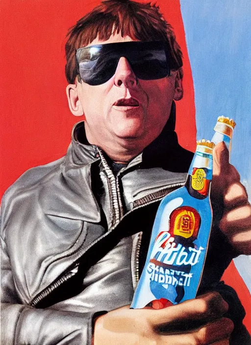 Prompt: head and shoulders portrait of shaun ryder in a leather spacesuit drinking moretti birra friulana in the sun , by normal rockwell