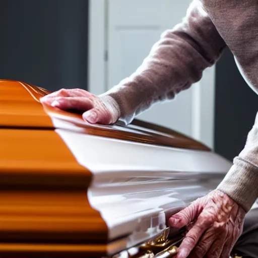 Prompt: casket with elderly man who is browsing internet on laptop from a casket