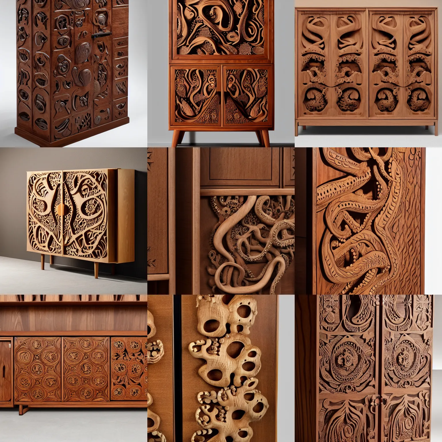 Prompt: norwegian design furniture in wood of a curiosity cabinet in the shapes of a octopus shape carved intricate