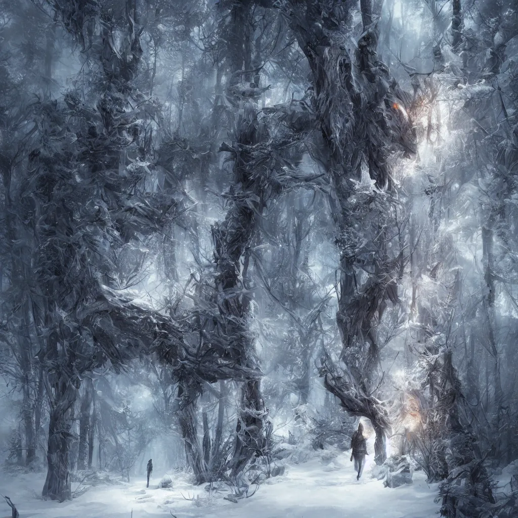 Image similar to silver fox with burning eyes walking on snow, forest, hyperdetailed, artstation, cgsociety, 8 k