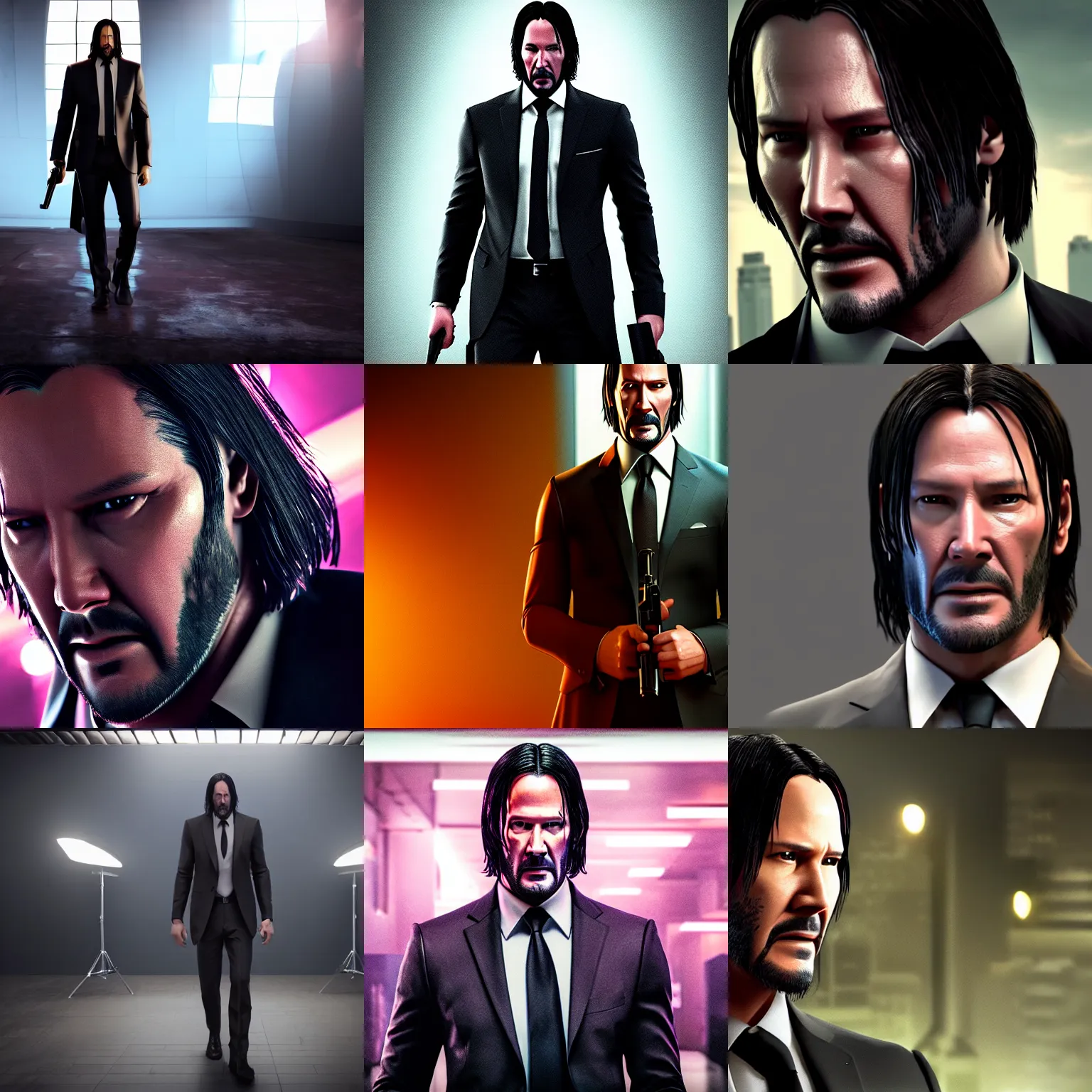 Prompt: still photo of john wick, photorealistic portrait, studio lighting, highly detailed, crisp quality and light reflections, unreal engine 5 quality render, bright studio setting