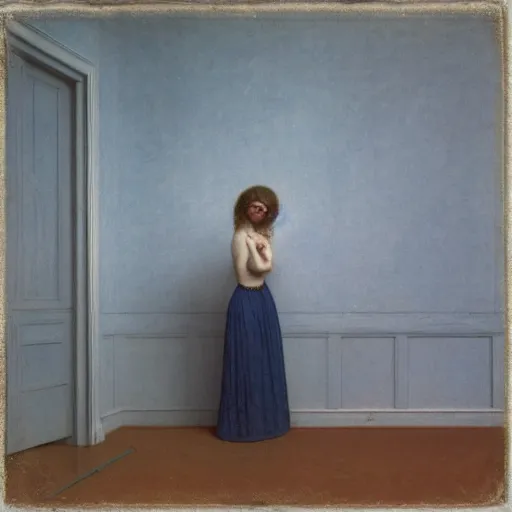 Image similar to beautiful girl in an empty room, daguerreotype by segantini, by Edward hopper, by Klimt, art noveau, highly detailed, strong lights, liminal, eerie, Bright pastel colors, octane render, 8k