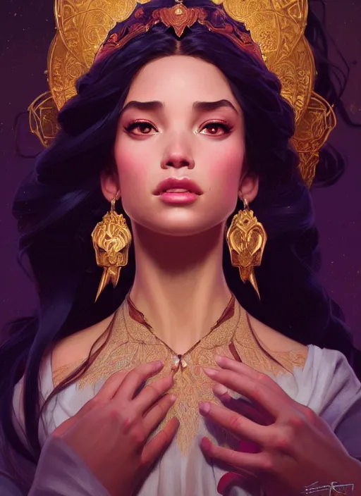 Image similar to portrait of disney esmeralda, intricate, elegant, highly detailed, my rendition, digital painting, artstation, concept art, smooth, sharp focus, illustration, art by artgerm and greg rutkowski and alphonse mucha and uang guangjian and gil elvgren and sachin teng, symmetry!!