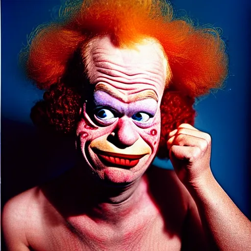 Image similar to uhd photorealisitc candid photo of krusty the clown. photo by annie leibowitz and steve mccurry