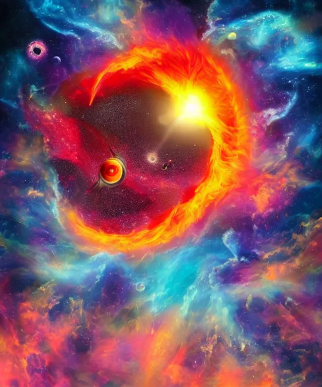 Image similar to black hole, sun, space, bright colors, surreal art, perfect composition, phoenix flames, nebula clouds, soft tones