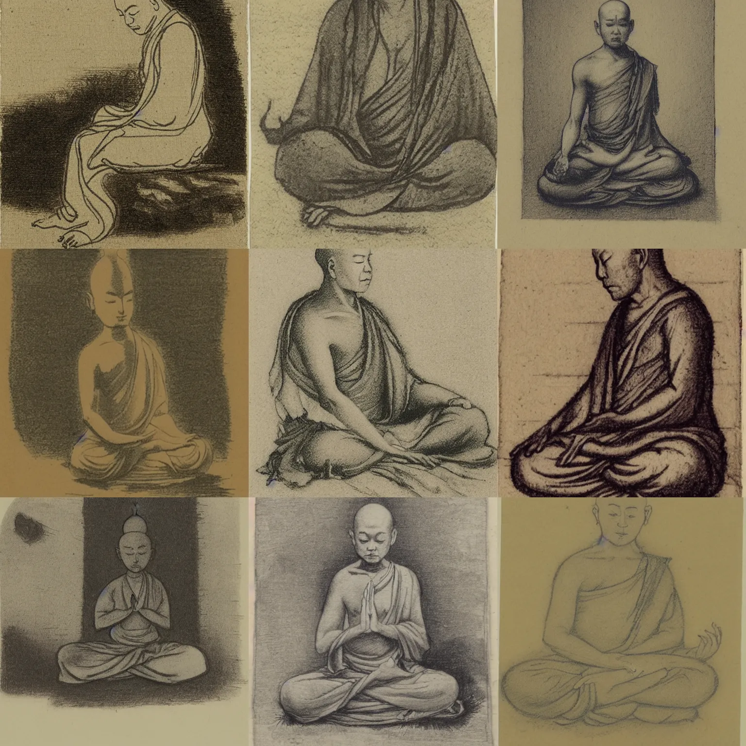 Image similar to sketch of a chibi monk meditating, etching by louis le breton, 1 8 6 9, 1 2 0 0 dpi scan