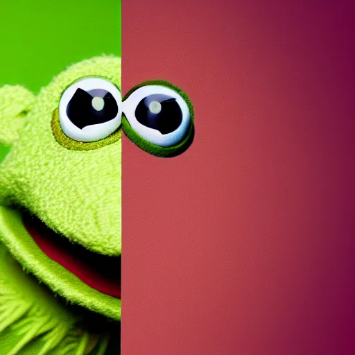 Image similar to portrait of kermit the frog, high fashion photography, looking strong, artistic, studio, coloured background, hippie, looking into the camera, cool, commercial, high quality, epic lighting, amazing, iconic