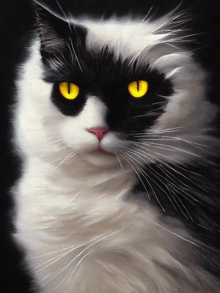 Prompt: highly detailed oil painting | very intricate | cinematic lighting | black, white and blood color scheme, dark background | portrait of a exquisite beautiful white fluffy cat with yellow eyes, gothic fog ambience, hyper realistic head, fantasy victorian art, in the style of greg rutkowski, zdizslaw beksinski, intricate, alphonse mucha