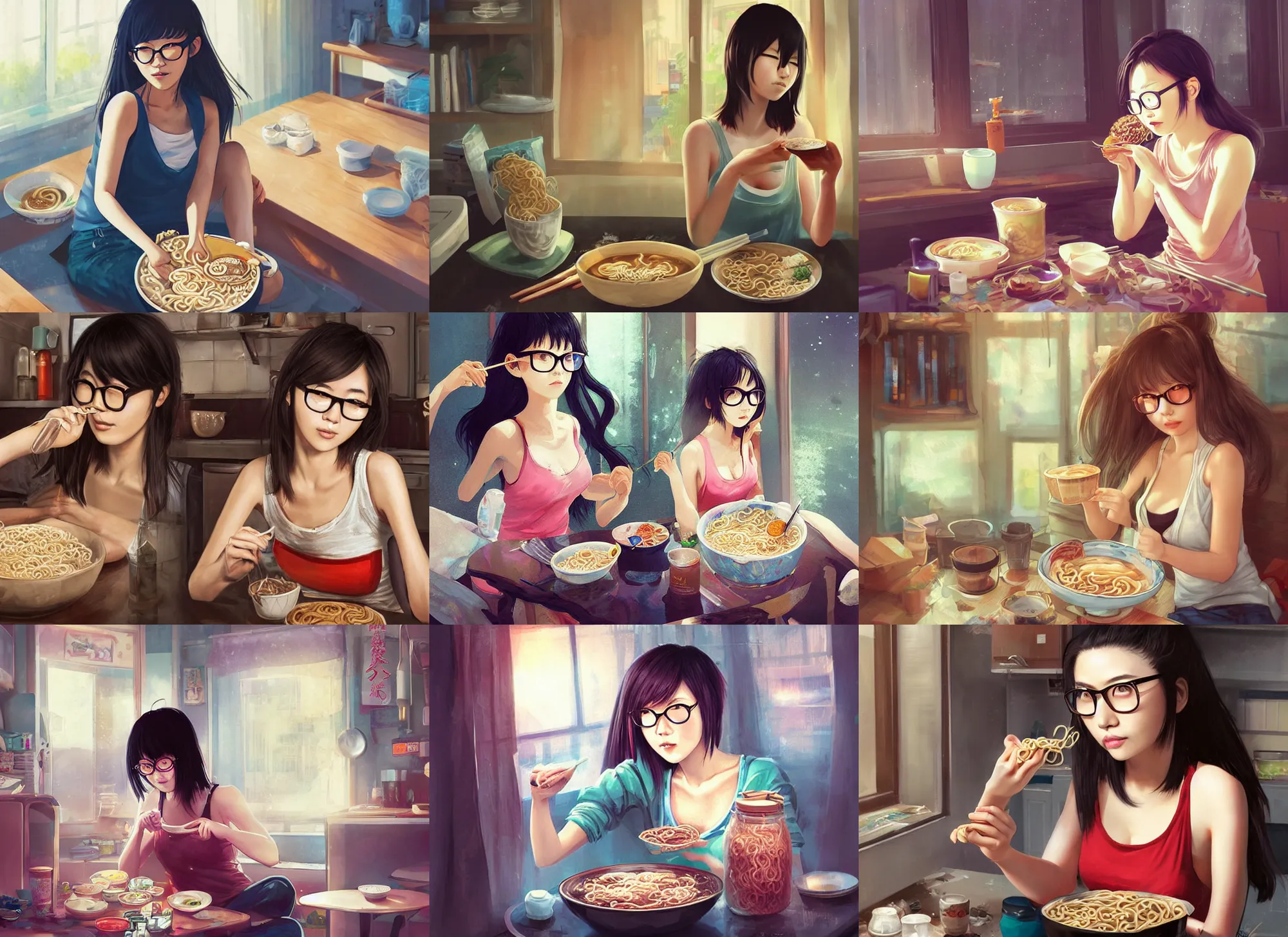 Prompt: beautiful japanese young woman with large round glasses, wearing a tanktop, eating ramen in her messy apartment, digital art by Sakimichan and Ross Tran