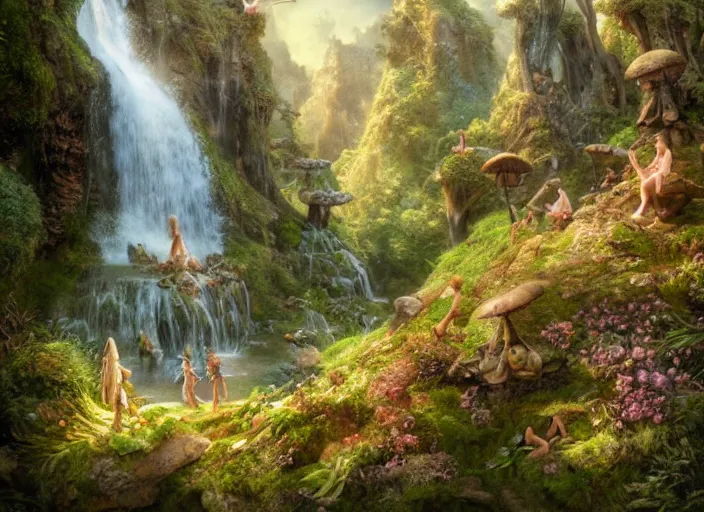 Image similar to fairies in the shire scenery landscape, lord of the rings, waterfalls, mushroom structures, highly detailed, vivid color, perfect lighting, perfect composition, 8 k, brian froud, artgerm, derek zabrocki, greg rutkowski