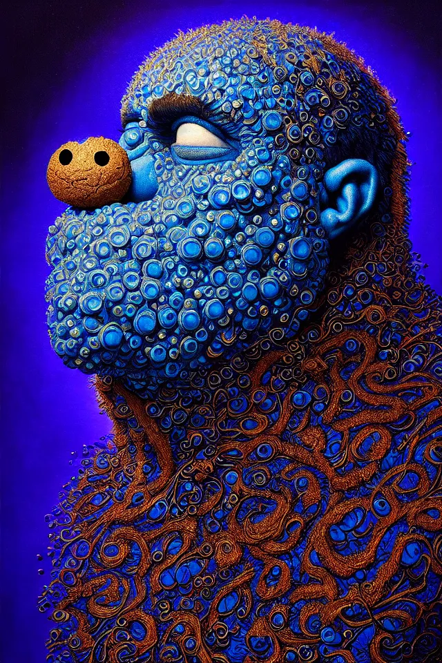 Prompt: bizarre blue blacklight detailed renaissance portrait of cookie monster as a highly detailed realistic real life person, dramatic cinematic lighting, 8 k, beautiful intricate painting by james r eads and tomasz alen kopera