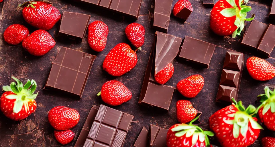 Image similar to A gourmet dark chocolate bar, next to sliced strawberries, on a wooden tray, macro lens product photo