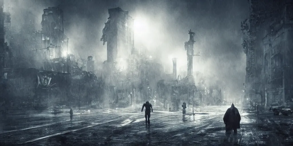 Prompt: cthulhu destroying a center of post apocalyptic city kyiv, dark, trending on artstation, digital art, fog, sun flare, rain