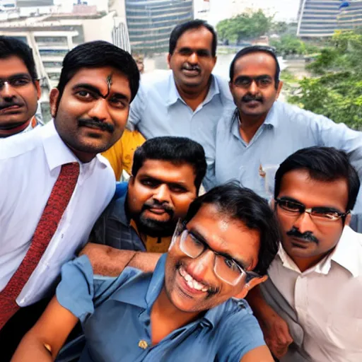 Prompt: selfie taken by an Indian man with his other Indian employees at an office building, wide angle photo