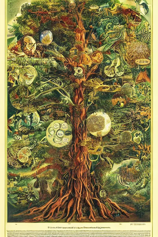 Image similar to vintage magazine advertisement depicting all of the knowledge in the world as a tree, by marius lewandowski, by ernst haeckel