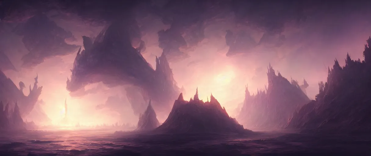 Prompt: digital painting of a floating islands in space, style of demons souls, concept art, high angle, high detail, warm lighting, dark, vivid, beautiful, trending on artstation, by Jordan grimmer, no focus, huge scene, terrain visible