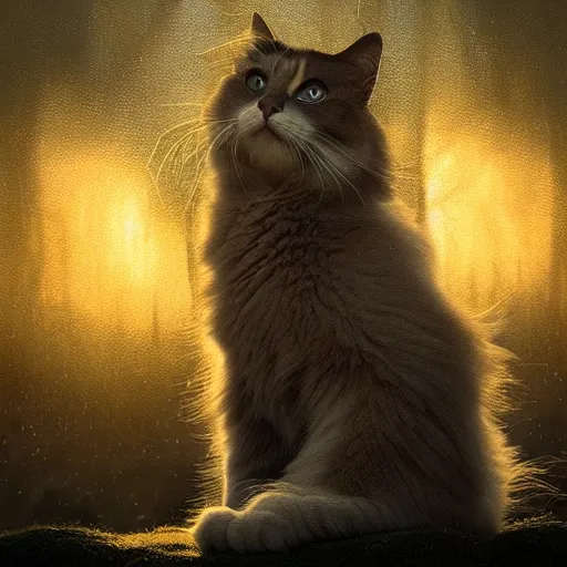 Prompt: majestic gracious ragdoll cat portrait, mysterious atmospheric lighting, elysian fields, painted, intricate, volumetric lighting, beautiful, rich deep colours masterpiece, golden hour, golden ratio, sharp focus, ultra detailed, by leesha hannigan, ross tran, thierry doizon, kai carpenter, ignacio fernandez rios